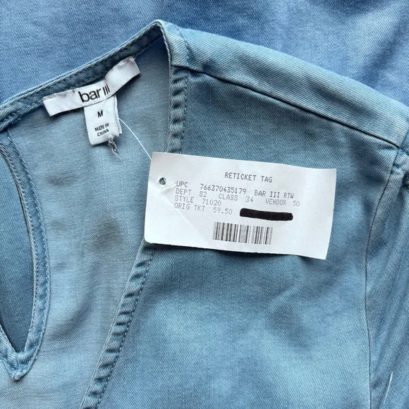 Bar III Women's Size Medium Blue Chambray Short Sleeve Summer Mini Dress NWT - Picture 5 of 5